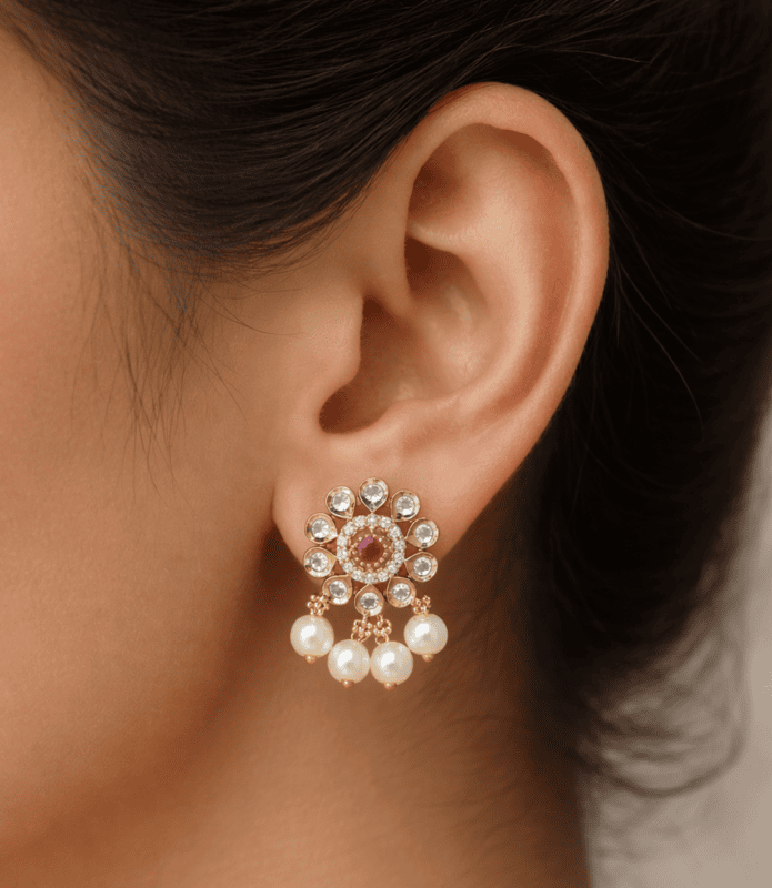 Floral Ruby Pearl Drop Stud Earrings