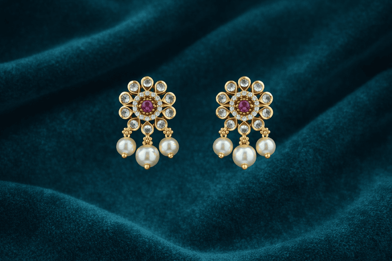 Floral Ruby Pearl Drop Stud Earrings
