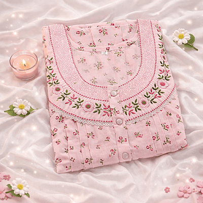 Rose Pink Cotton Pleated Nighty With Floral Design From Libas Loungewear - PLT282