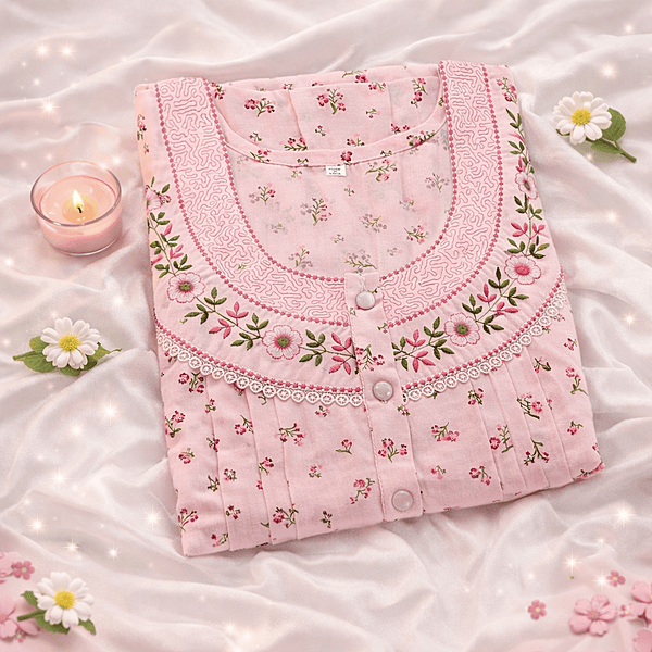 Rose Pink Cotton Pleated Nighty With Floral Design From Libas Loungewear - PLT282