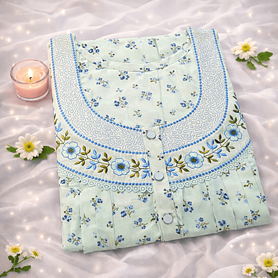 Pearl Silver Cotton Pleated Nighty With Floral Design From Libas Loungewear - PLT281