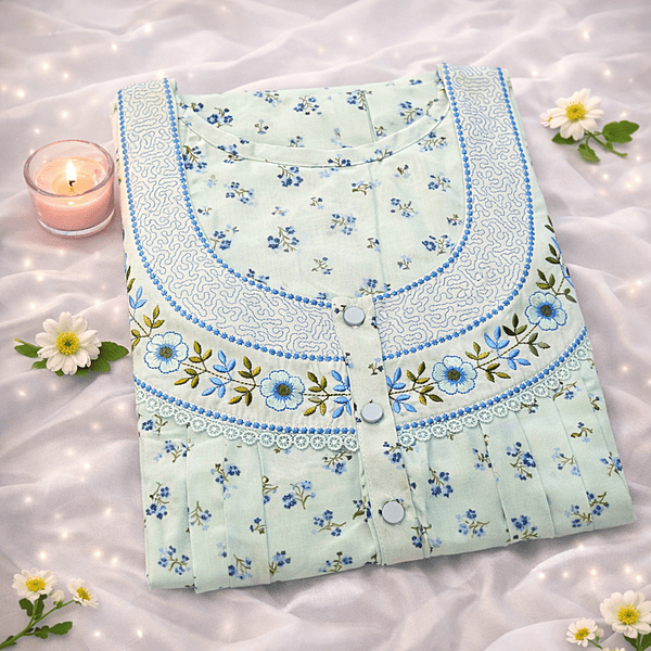 Pearl Silver Cotton Pleated Nighty With Floral Design From Libas Loungewear - PLT281