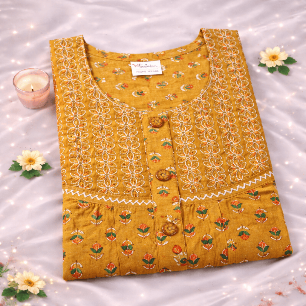 Tiger Orange Cotton Pleated Nighty With Floral Design From Libas Loungewear - PLT281