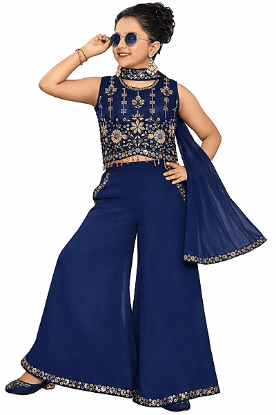 Girls Navy Blue Embroidered Ethnic Palazzo Set with Dupatta