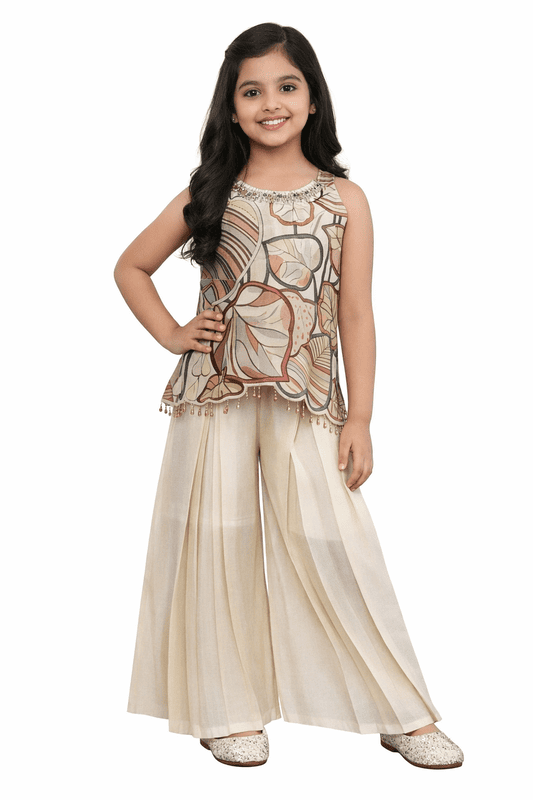 Girls Printed Peplum Top with Beige Palazzo Pants