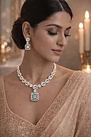 Silver and Green Stone Necklace Set with Matching Earrings