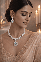 Silver and Green Stone Necklace Set with Matching Earrings