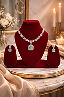 Silver and Green Stone Necklace Set with Matching Earrings