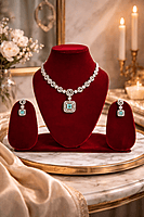 Silver and Green Stone Necklace Set with Matching Earrings