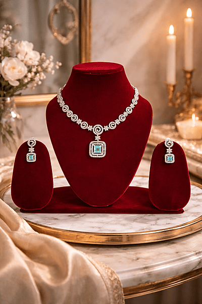 Silver and Green Stone Necklace Set with Matching Earrings