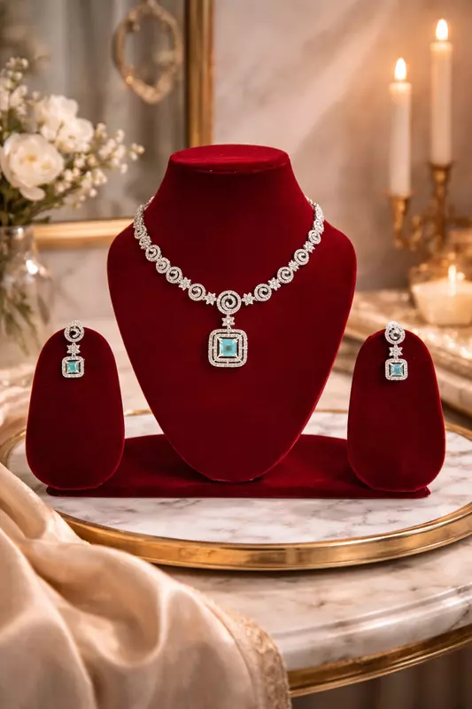 Silver and Green Stone Necklace Set with Matching Earrings