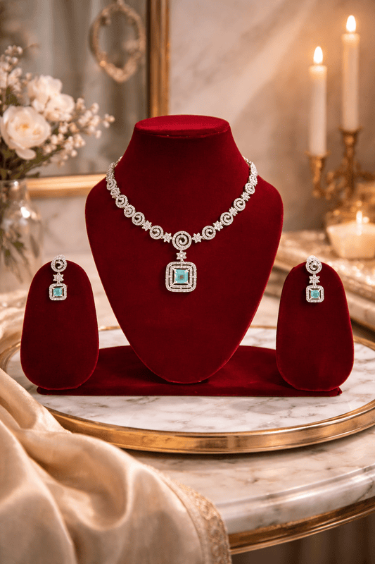 Silver and Green Stone Necklace Set with Matching Earrings