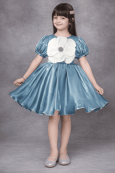 Blue Satin Party Dress for Girls with Statement White Flower