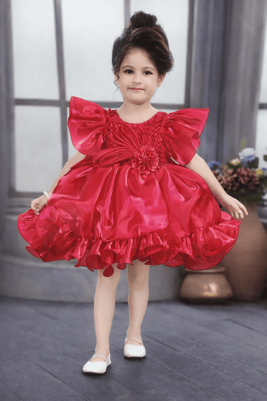 Red Satin Frill Party Dress for Girls with Statement Bow Sleeves