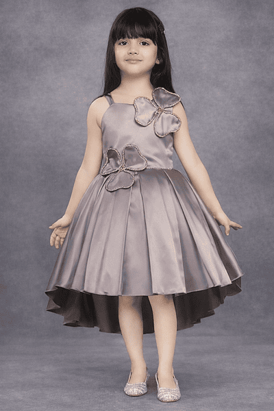 Elegant Satin Party Dress for Girls with Floral Applique