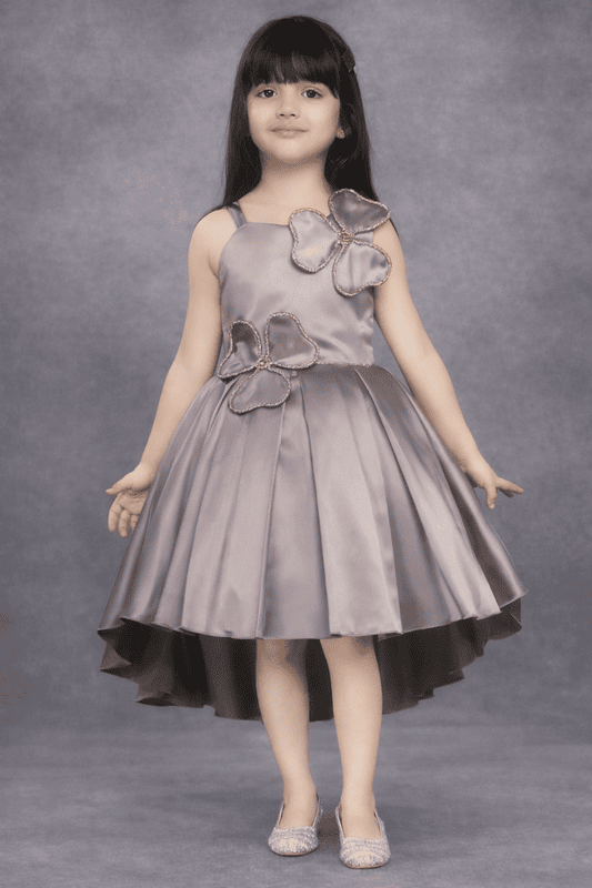 Elegant Satin Party Dress for Girls with Floral Applique