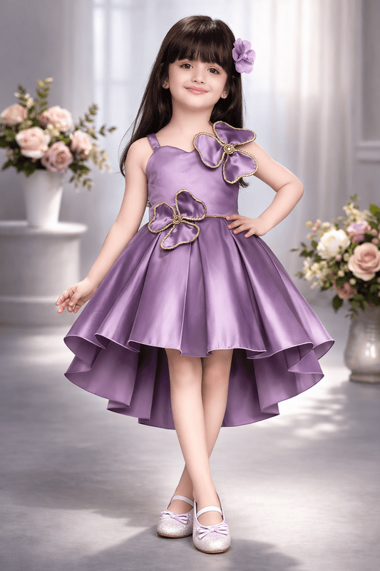 Elegant Satin Party Dress for Girls with Floral Applique