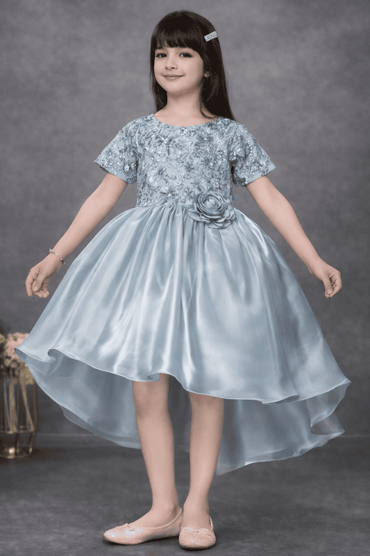 Sky Blue Satin High-Low Party Dress for Girls with Floral Embellished Bodice