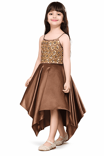 Brown High-Low Satin Party Dress for Girls with Floral Embellished Bodice