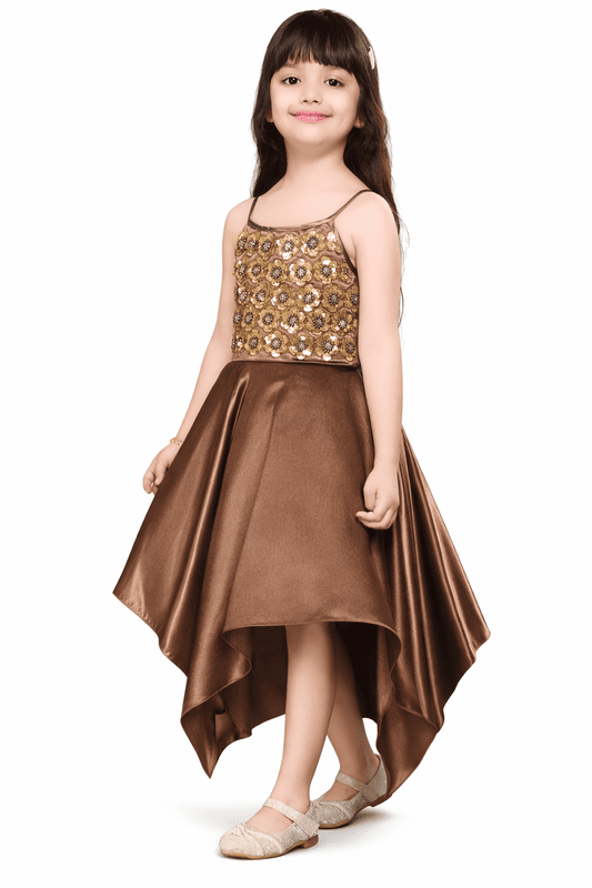 Brown High-Low Satin Party Dress for Girls with Floral Embellished Bodice