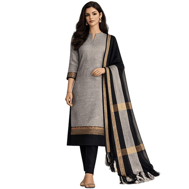 Grey & Black Colour Chettinad cotton salwar suit with dupatta