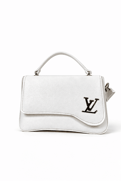 White Structured Top Handle Handbag with Gold Logo Accent