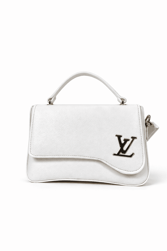 White Structured Top Handle Handbag with Gold Logo Accent