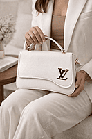 White Structured Top Handle Handbag with Gold Logo Accent