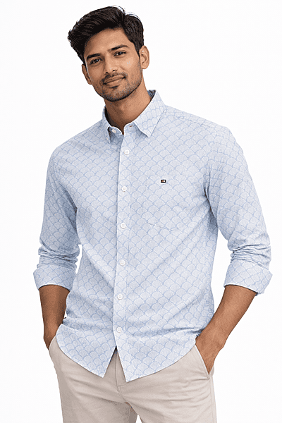Men’s White & Light Blue Printed Cotton Shirt