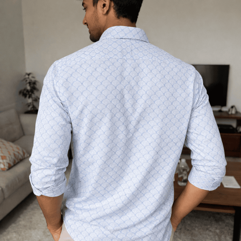 Men’s White & Light Blue Printed Cotton Shirt