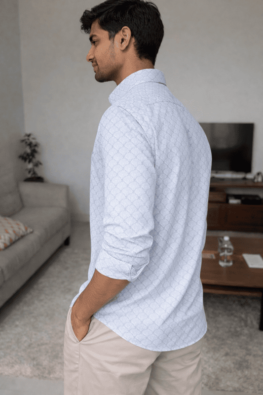 Men’s White & Light Blue Printed Cotton Shirt