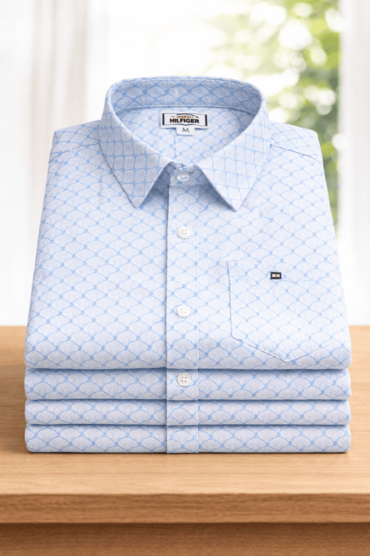 Men’s White & Light Blue Printed Cotton Shirt