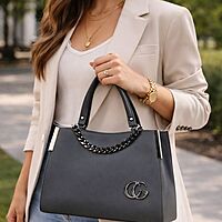 Charcoal Grey Structured Handbag with Metal Chain Detail