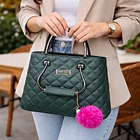 Dark Green Quilted Handbag with Pink Fur Charm