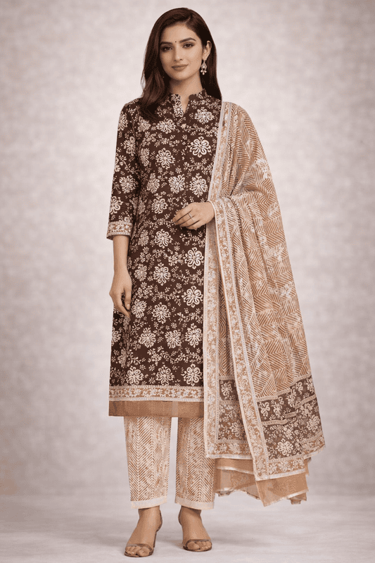 Brown floral printed set with dupatta