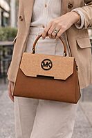 Tan Brown Textured Top Handle Handbag with Logo Accent