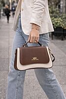 Brown and Cream Two-Tone Top Handle Handbag with Golden Logo