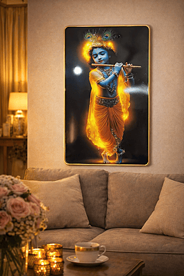 Divine Krishna Playing Flute Wall Art | Resin Crystal Embedded | Dust Resistant Spiritual Home Décor