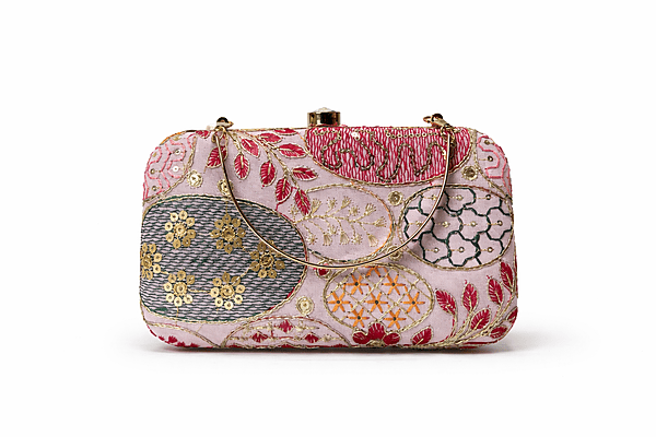 Multicolor Embroidered Clutch with Gold Chain Strap