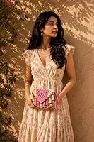 Blush Pink & Ivory Macrame Clutch Bag with Multi-Tassel Fringe