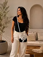 Black & White Macrame Bucket Bag with Tassels & Gold Hardware