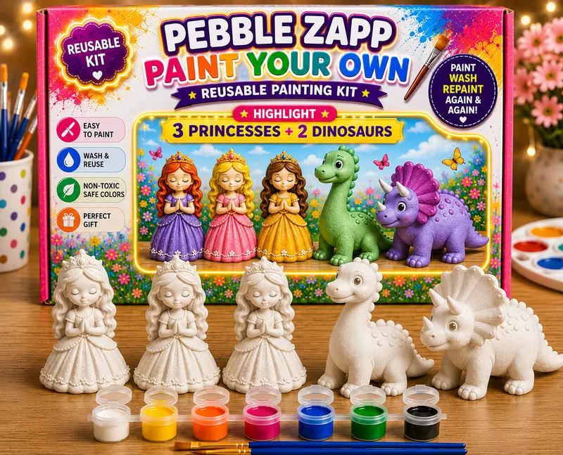Reusablel - 3 Princess + 2 Dinosaurs Paint Your Own Plaster Statue Kit
