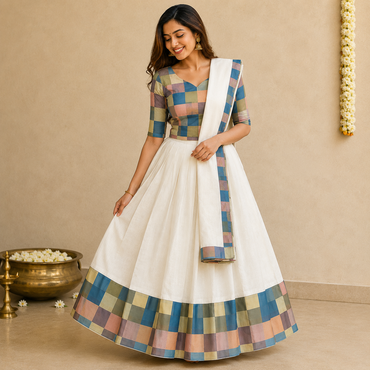 MADRAS COTTAN DHAVANI SET GREEN CHECK FOR WOMAN MADRAS COTTAN DHAVANI SET GREEN CHECK FOR WOMAN