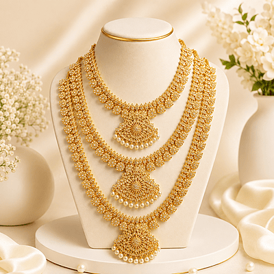 Traditional Gold Plated Lakshmi Kasu Haram Necklace Set for Women | Designer Temple Jewelry with Pearl Drops