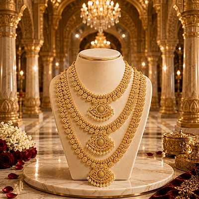 Traditional Gold Plated Lakshmi Kasu Haram Necklace Set for Women | Designer Temple Jewelry with Pearl Drops