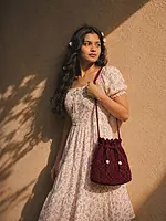 Burgundy Macrame Bucket Bag with Scallop Top & Wooden Beads