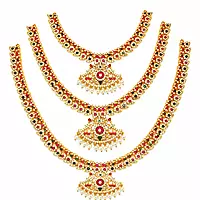Traditional Gold Plated Mango Mala Necklace Set for Women | Ruby Green Stone Temple Jewelry with Pearl Pendant
