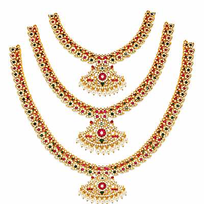 Traditional Gold Plated Mango Mala Necklace Set for Women | Ruby Green Stone Temple Jewelry with Pearl Pendant