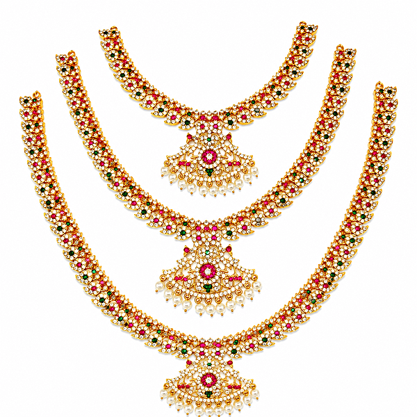 Traditional Gold Plated Mango Mala Necklace Set for Women | Ruby Green Stone Temple Jewelry with Pearl Pendant