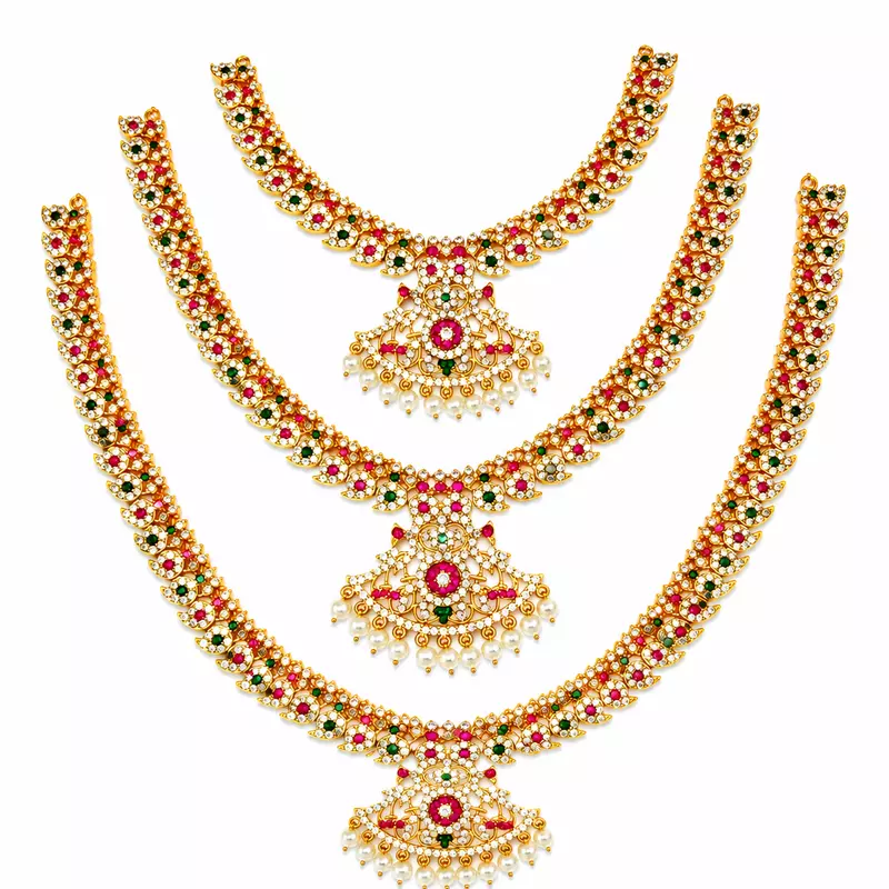 Traditional Gold Plated Mango Mala Necklace Set for Women | Ruby Green Stone Temple Jewelry with Pearl Pendant